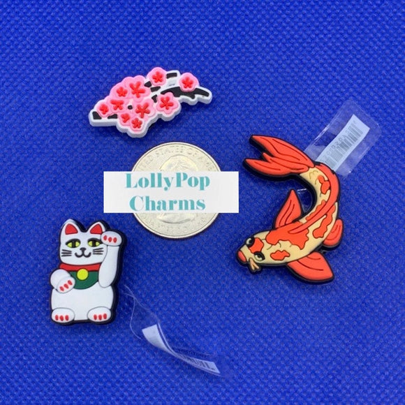 Koi Fish Cherry Blossoms & Lucky Cat  Charm Set